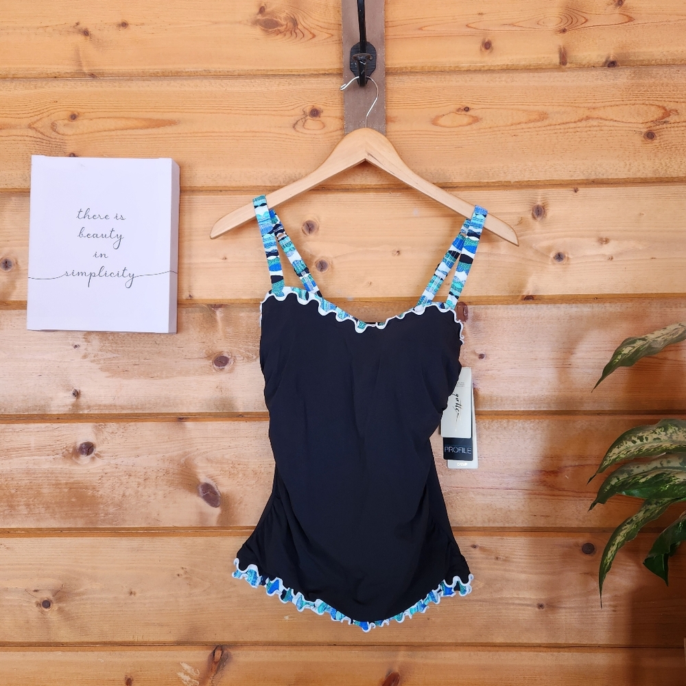 Profile Gottex NWT Bachata Black‎ Ruffle Bandaeu Tankini Swim Top Underwire 34D - Picture 2 of 14